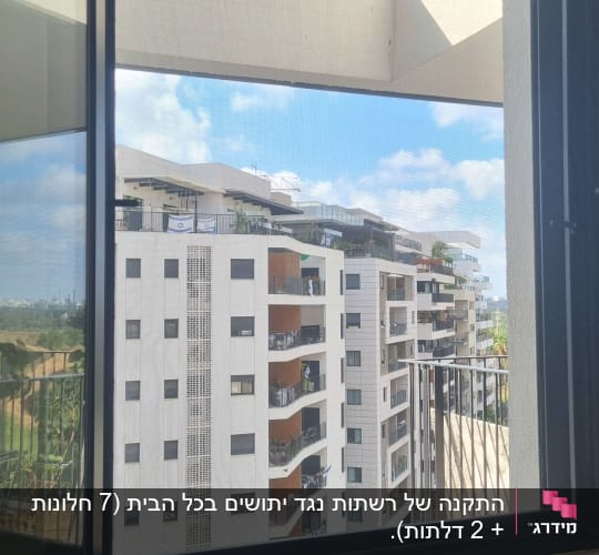 חלון אלומיניום פתוח עם נוף לבניינים